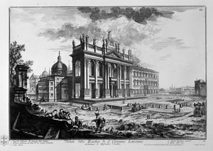 Veduta della Basilica di S. Giovanni Laterano; architettura di Alessandro Gallilei. 1. Cappella fabricata da Clemente XII. Corsini. 2. Palazzo fabricato da Sisto V. ora Conser. di Zitelle. 3. Scala Santa. 4. Guglia Egiziaca giacente. 5. Mura della Citta